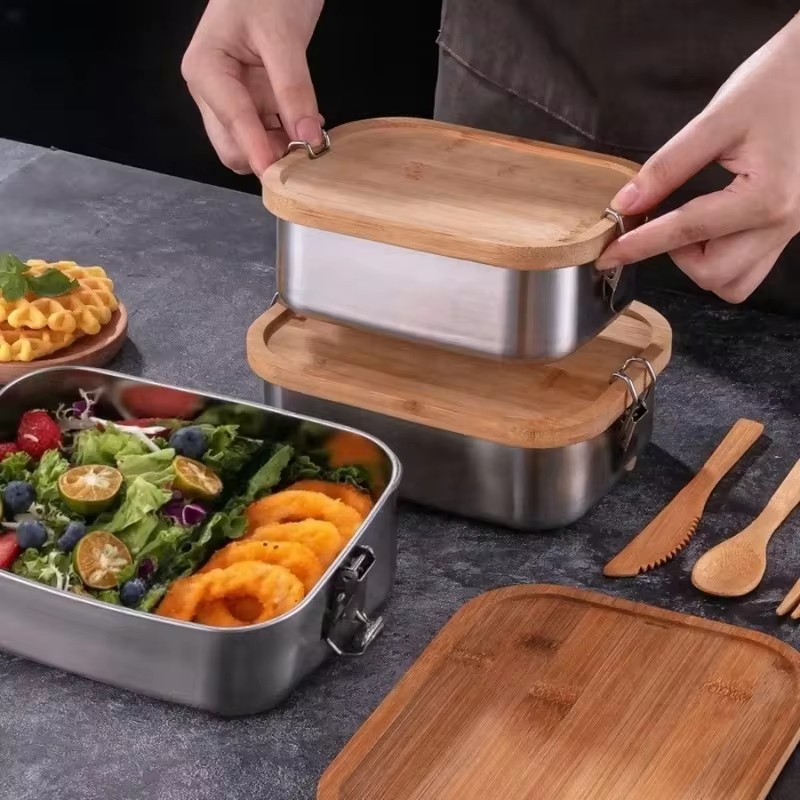 일본식 도시락통, 대나무 뚜껑 포함, 304 스테인리스 - Food Storage Meals 리뷰 및 가격